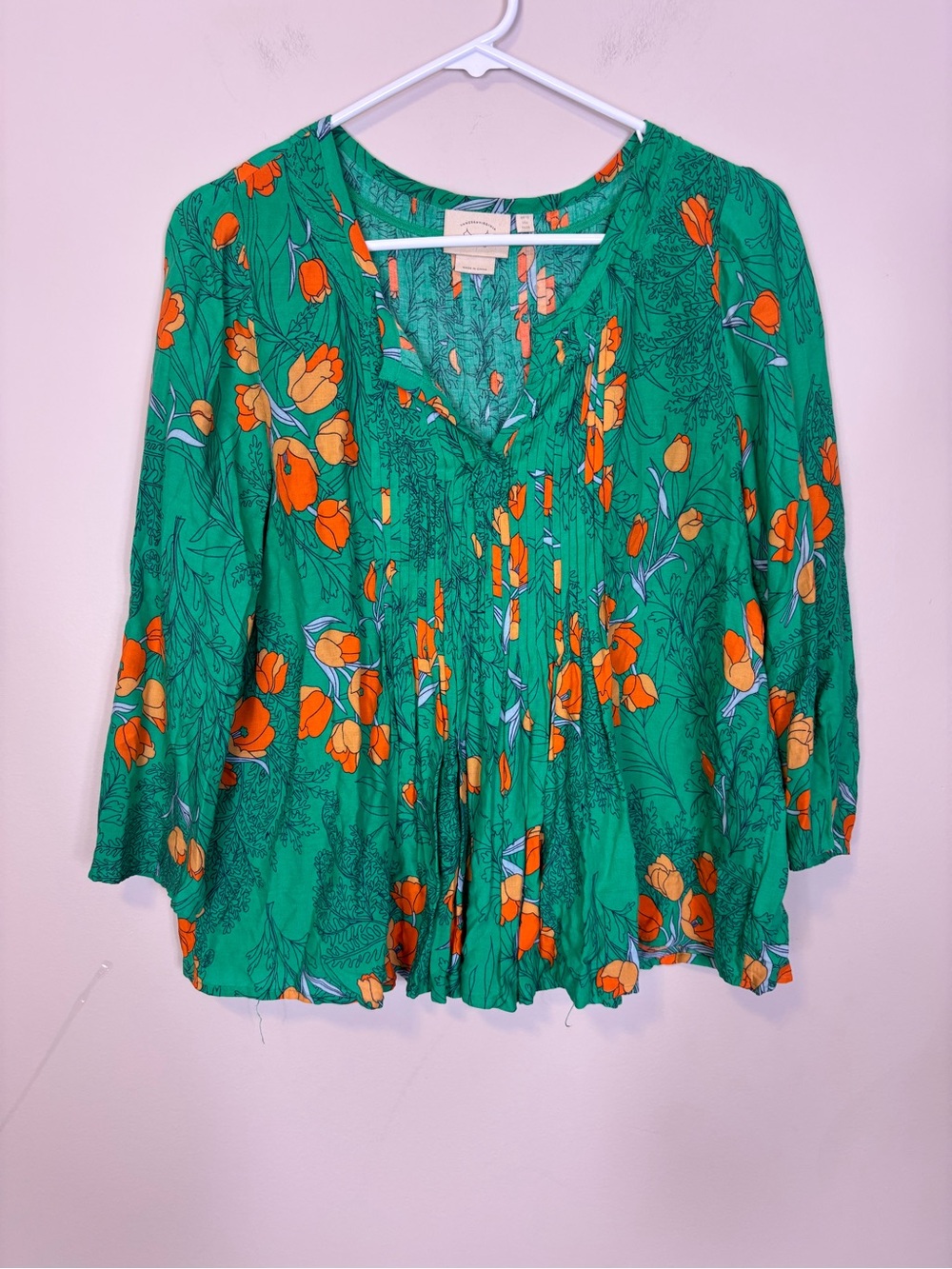 Anthropologie Green Blouse with Orange Floral Print US 6
